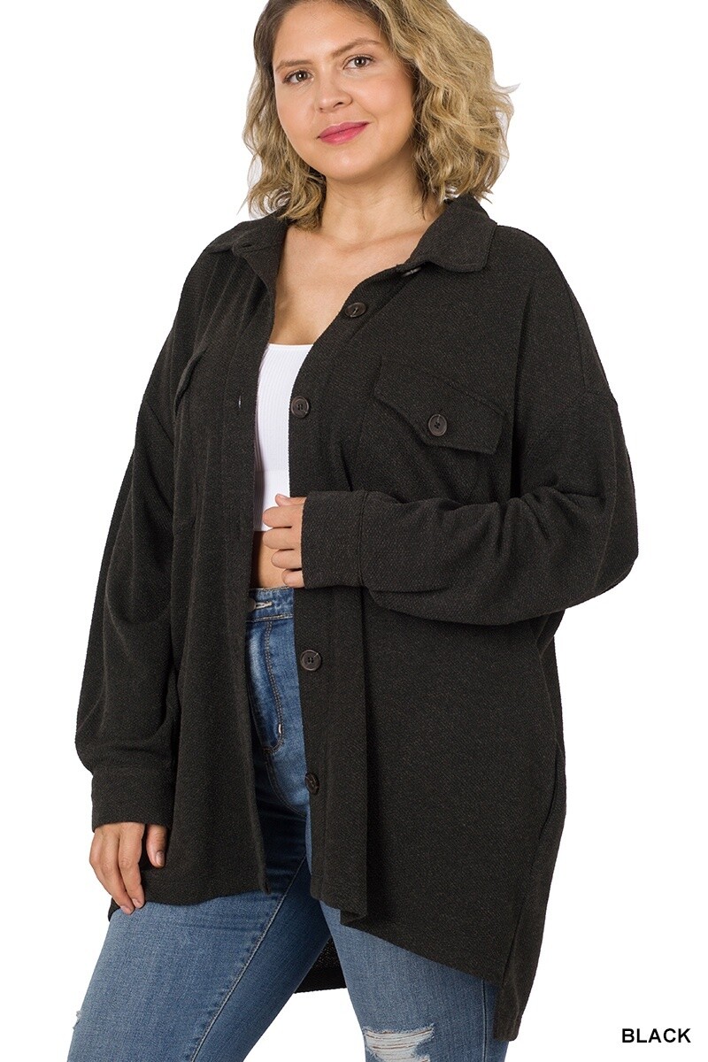 PLUS OVERSIZED SOFT JACQUARD SHACKET WITH POCKETS, Size: 1X, Colour: Black