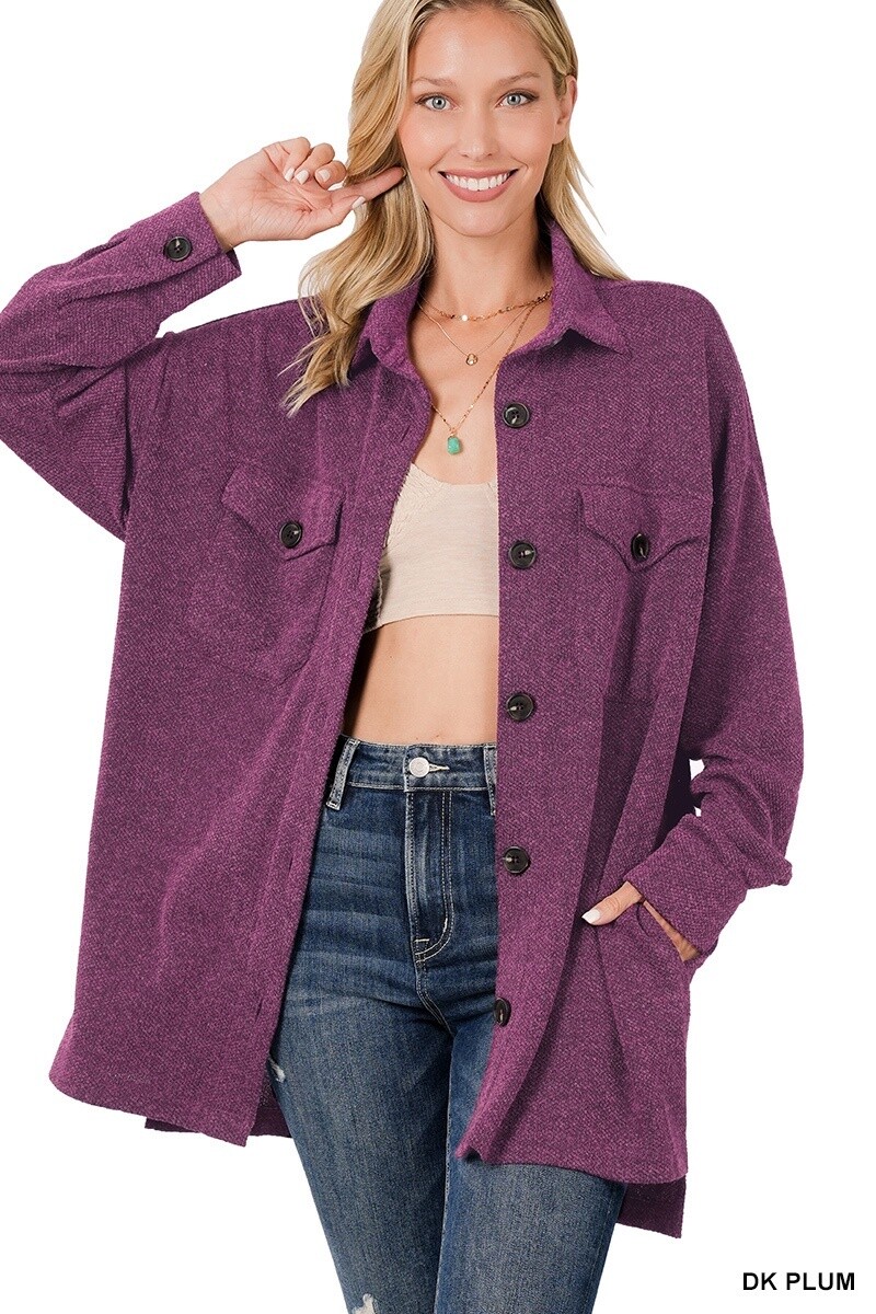 OVERSIZED SOFT JACQUARD SHACKET WITH POCKETS, Size: Small, Colour: DK Plum