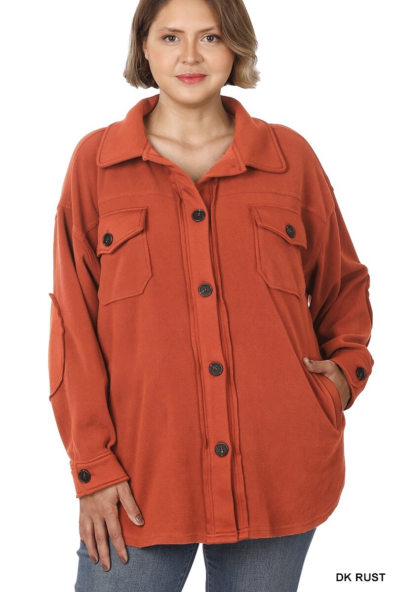 PLUS OVERSIZED BASIC FLEECE SHACKET, Size: 1X, Colour: Dk Rust
