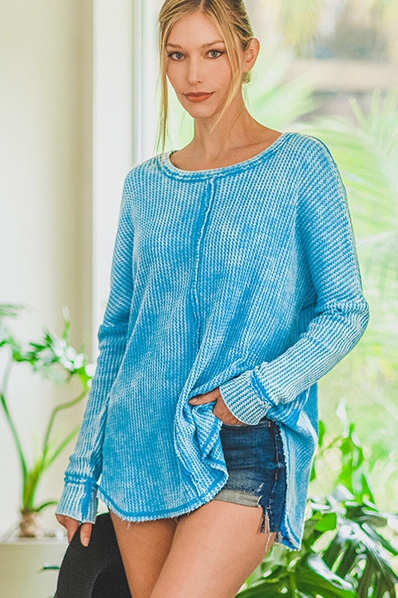 WASHED BABY WAFFLE OVERSIZED LONG SLEEVE TOP, Size: S/M, Colour: Deep Sky
