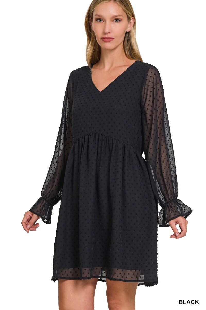 SWISS DOT LONG SLEEVE V-NECK DRESS, Size: Small, Colour: Black