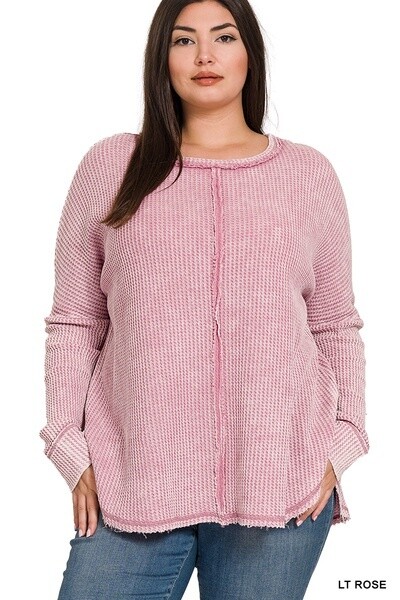 PLUS WASHED BABY WAFFLE OVERSIZED LONG SLEEVE TOP, Size: 1X/2X, Colour: Lt Rose