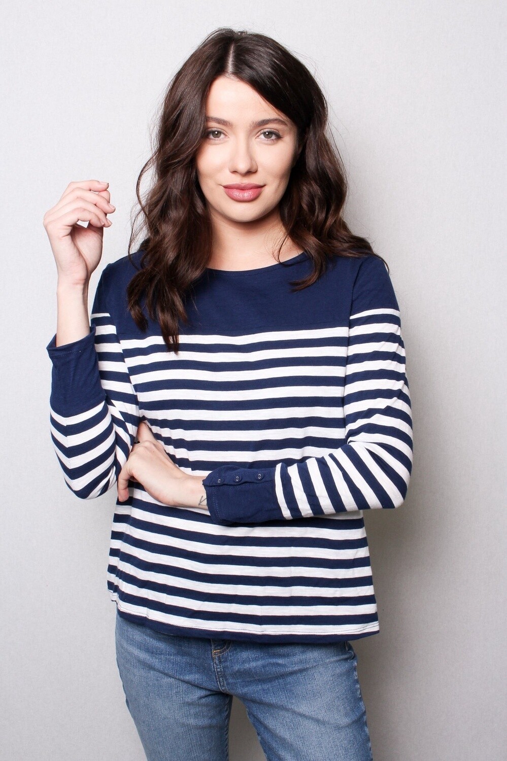 Petite Round Neck Long Sleeves Stripes Top, Size: Small, Colour: Navy