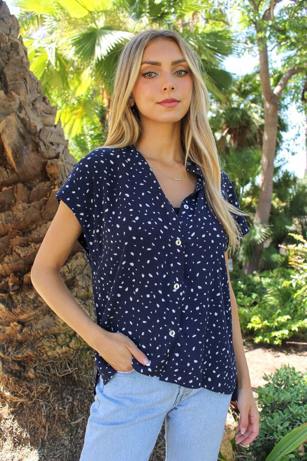 Short Sleeves Button Front Printed Top