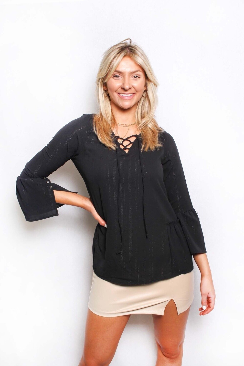 Petite Ruffle Long Sleeve Drawstring Ribbed Top