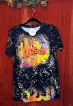 Black Halloween Pumpkin Face Bat Bleached T-Shirt