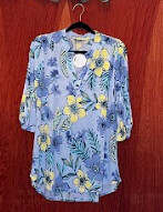 Blue Floral Roll Up  Sleeve Blouse