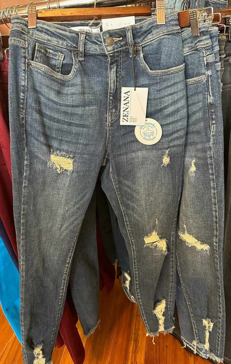 DISTRESSED HEM ANKLE SKINNY DENIM PANTS