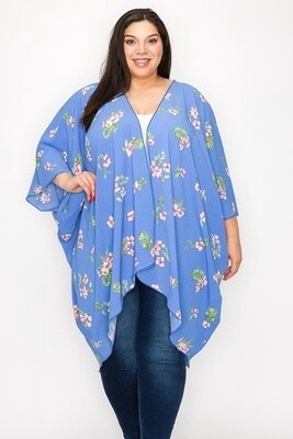 BLUE EXTRA PLUS SIZE FLOWER PRINT KIMONO