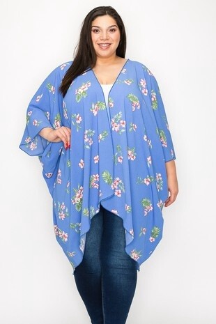 BLUE EXTRA PLUS SIZE FLOWER PRINT KIMONO