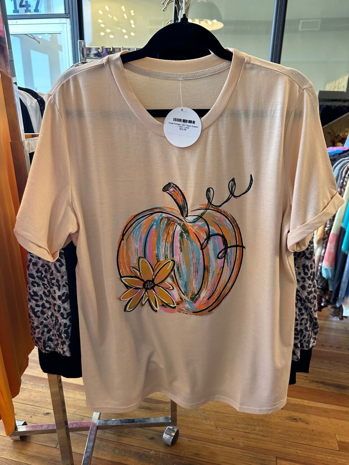 Khaki Pumpkin with Flower Graphic T Shirt