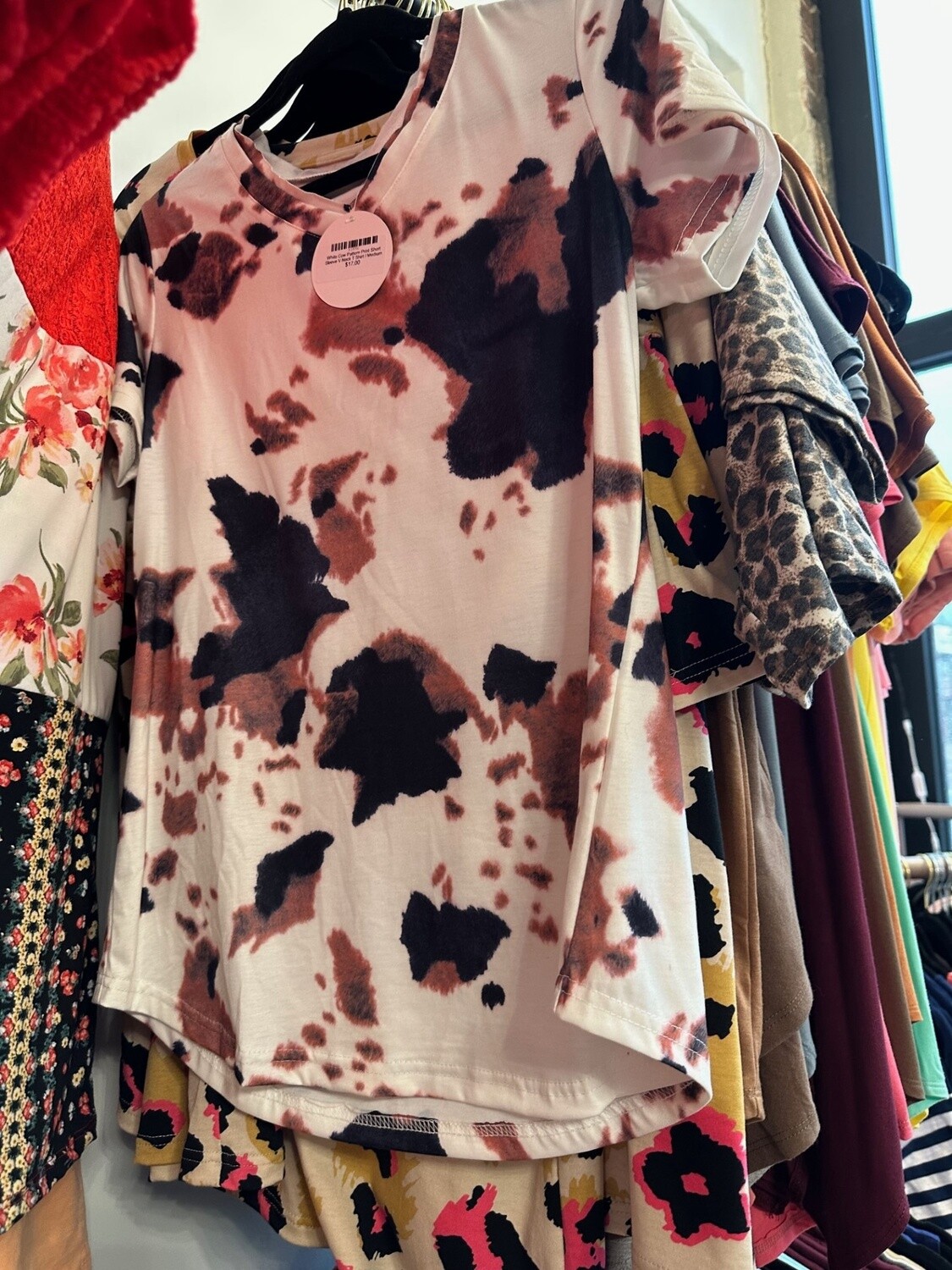 White Cow Pattern Print Short Sleeve V Neck T Shirt