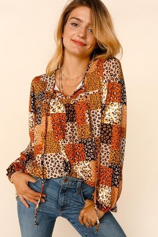 Plus Multicolor Leopard Animal Patchwork Top