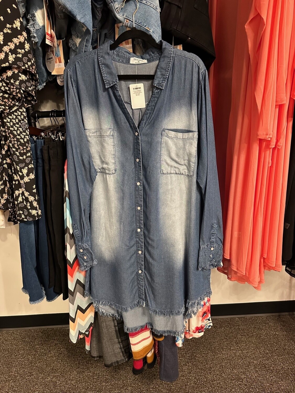 PLUS CHAMBRAY FRAYED HEM LONGLINE SHIRTS