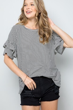 Plus Pin Stripe Ruffle Sleeve