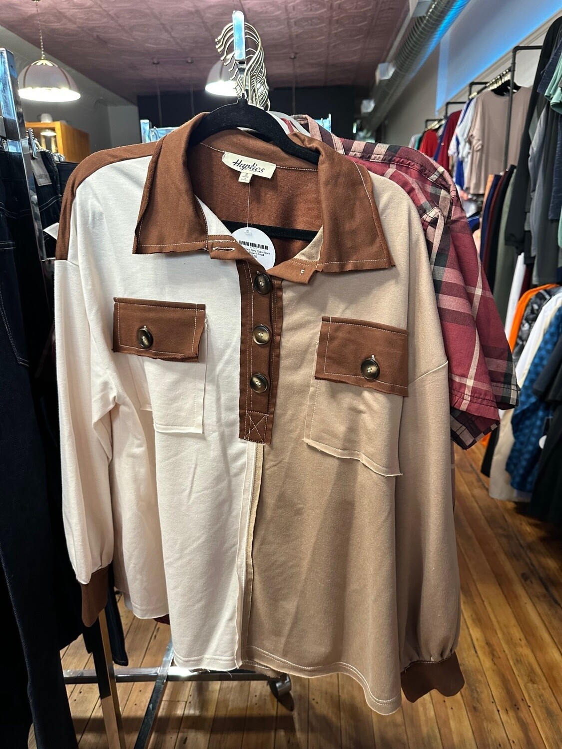 Solid French Terry Color Block Button Down