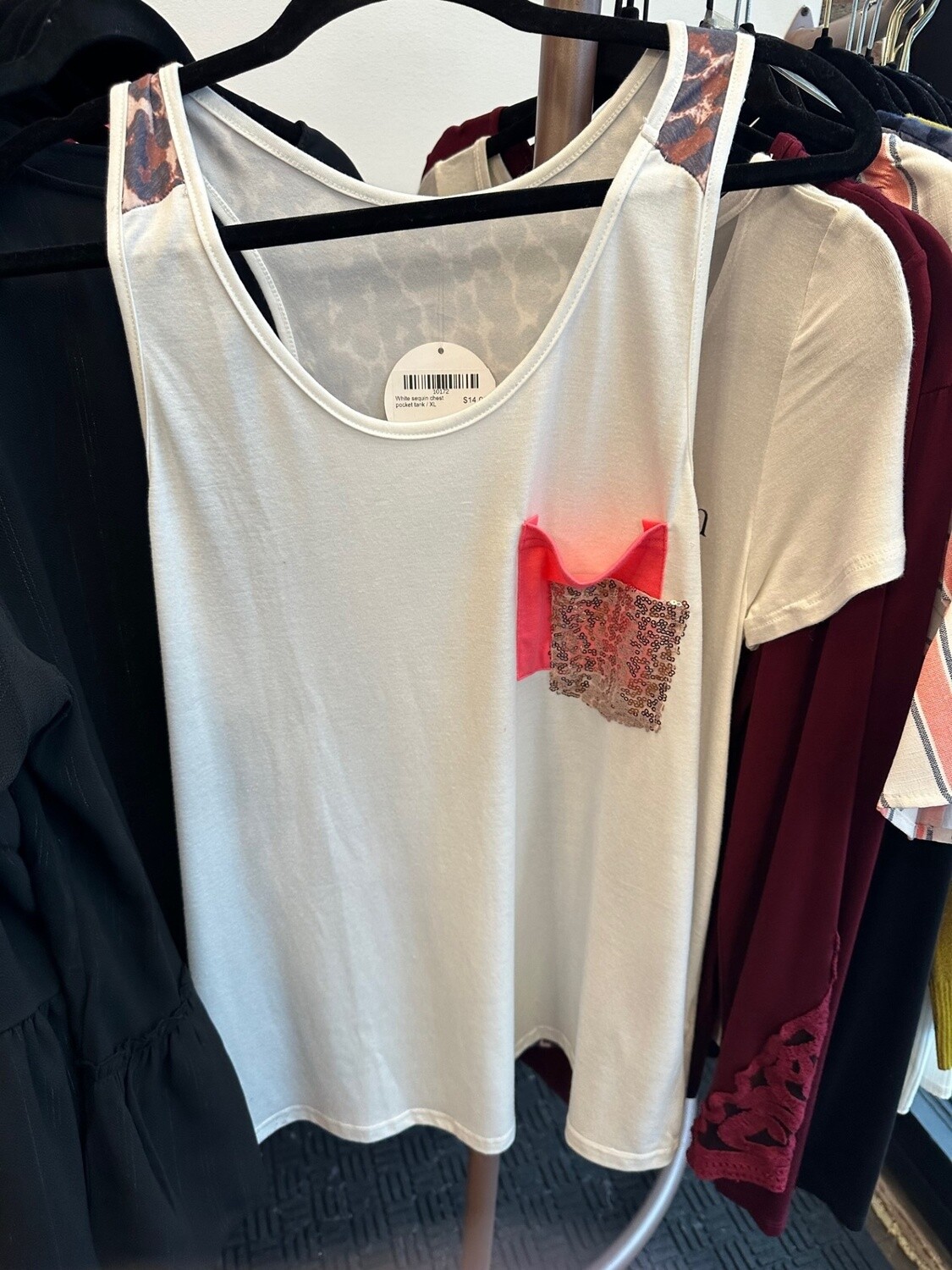 White sequin chest pocket tank