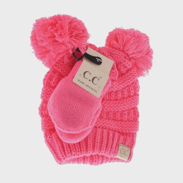 Baby Solid Knit Double Pom C.C Beanie with Mitten Set