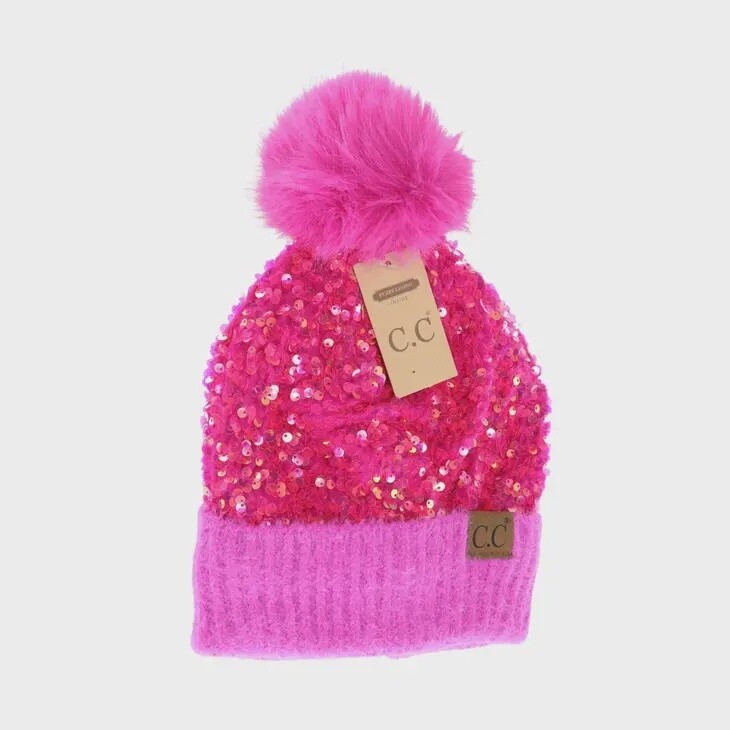 Cluster Sequin Faux Fur Pom C.C Beanie
