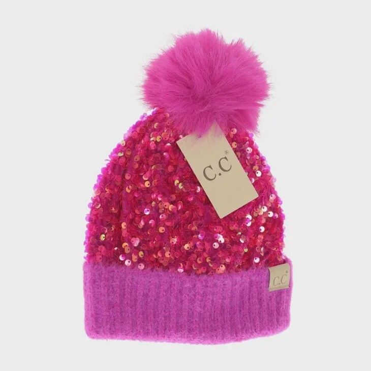 Kids Cluster Sequin Faux Fur Pom C.C Beanie