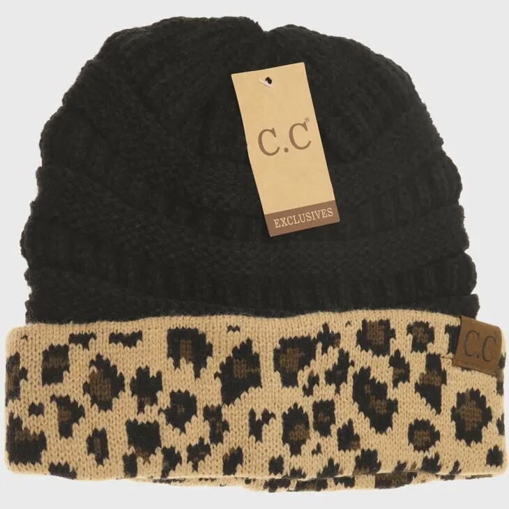 Cuff Leopard Print Cc Beanie, Colour: Black