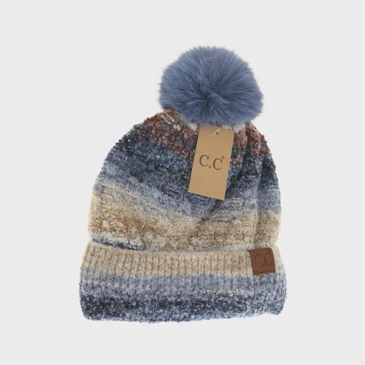 Space Dye Faux Fur Pom C.C Beanie, Colour: Demin Combo