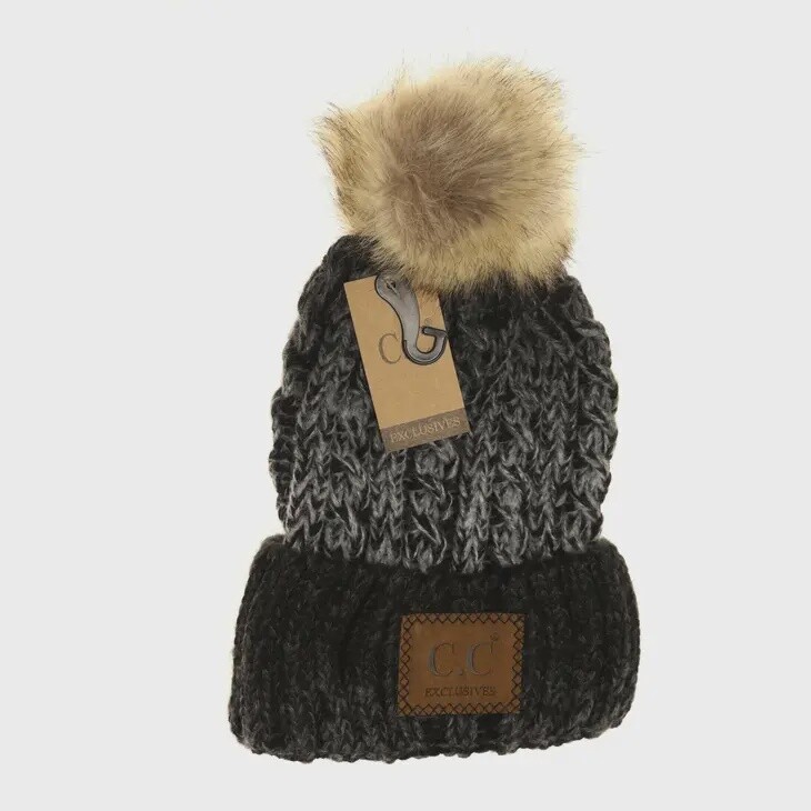 Two-Tone Ombre Vintage Faux Fur Pom Beanie