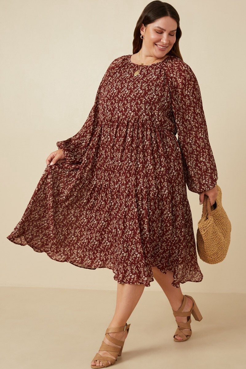 Plus Textured Floral Long Sleeve Tiered Dress