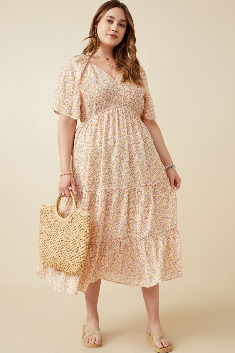 Plus Ditsy Floral Panel Smocked Tiered Midi Dress