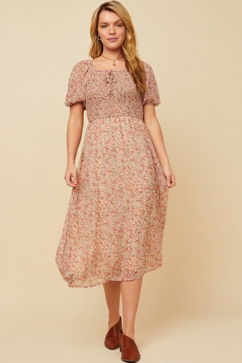 Ditsy Floral Puff Sleeve Smocked Square Neck Dress