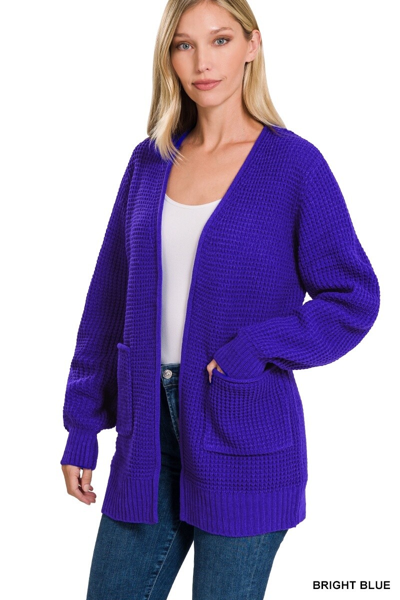 LOW GAUGE WAFFLE OPEN CARDIGAN SWEATER, Size: Small, Colour: Bright Blue