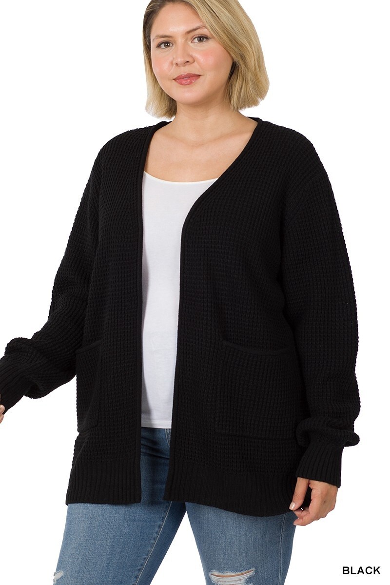 PLUS LOW GAUGE WAFFLE OPEN CARDIGAN SWEATER, Size: 1X, Colour: Black