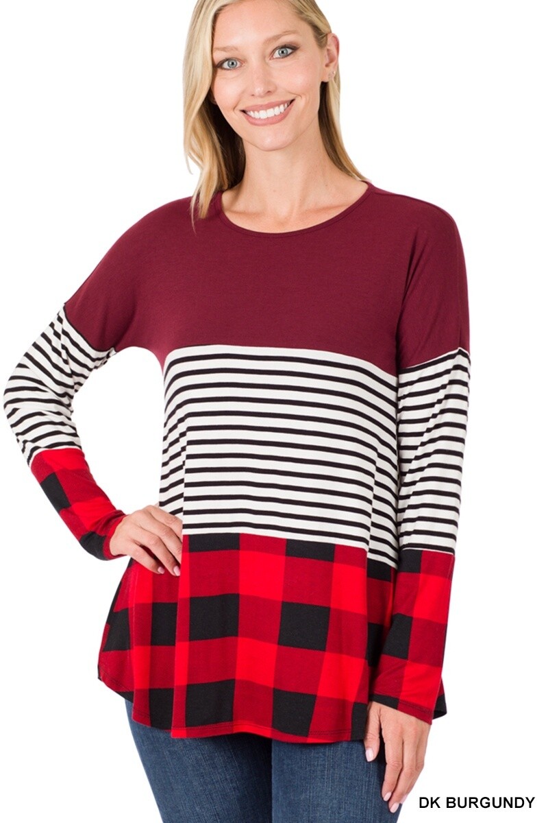 PLAID SPLICING STRIPED ROUND NECK TOP