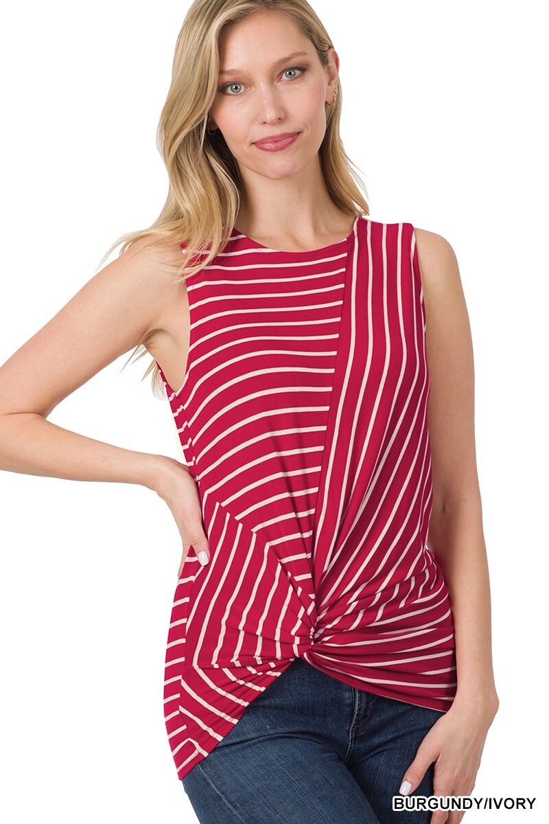 STRIPED KNOT-FRONT SLEEVELESS TOP