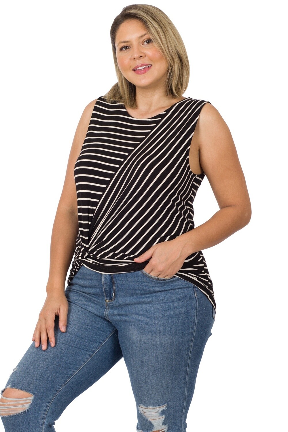 PLUS STRIPED KNOT-FRONT SLEEVELESS TOP, Size: 1X, Colour: Black/Ivory