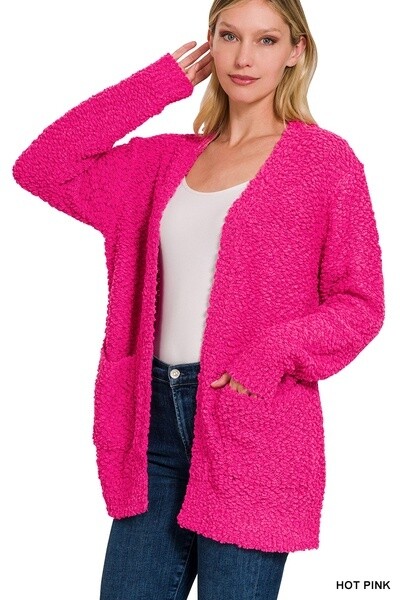 LONG SLEEVE POPCORN SWEATER CARDIGAN WITH POCKETS, Size: Small, Colour: Hot Pink