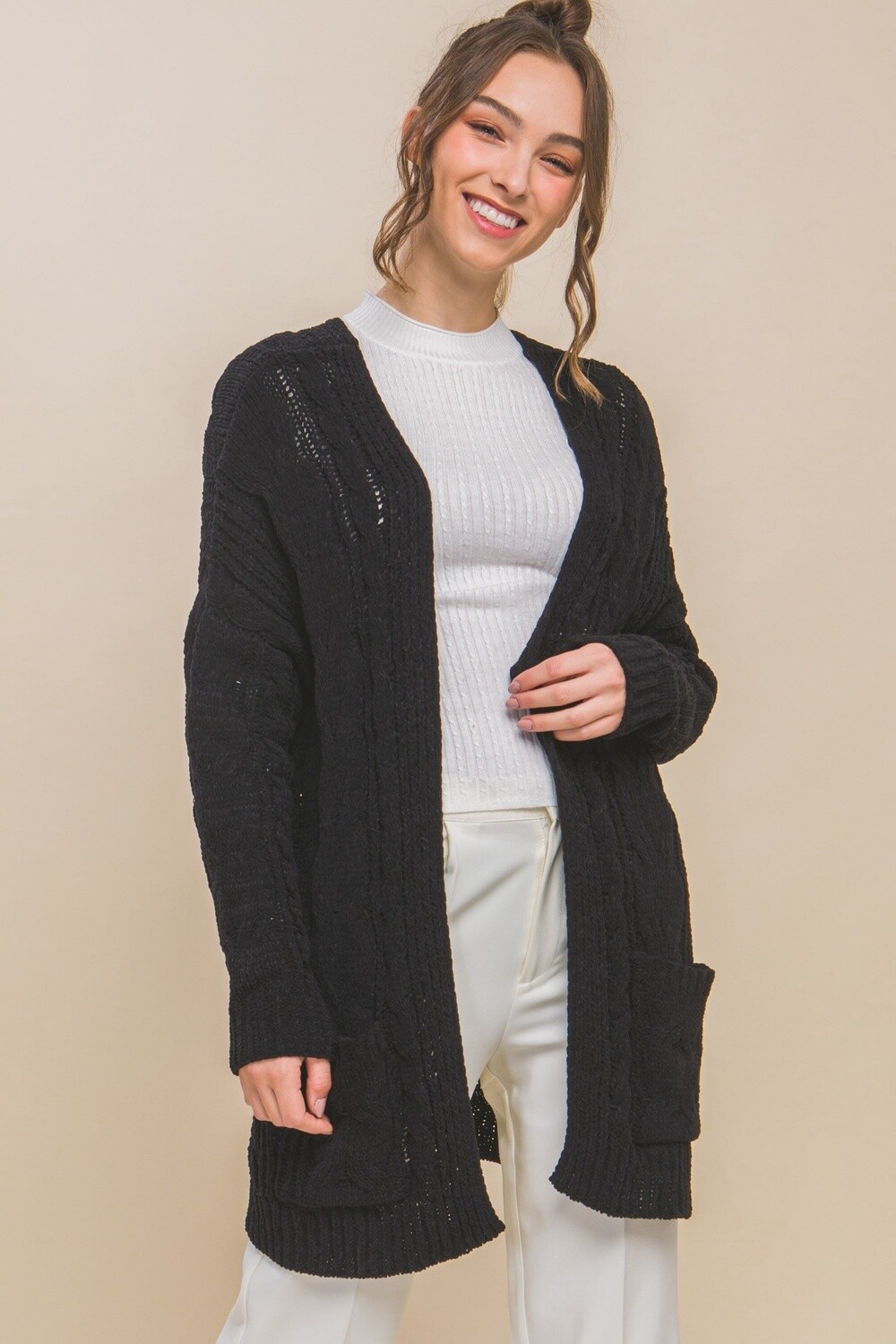 Chenille Cable Knit Oversized Open Front Cardigan, Size: Small, Colour: Black