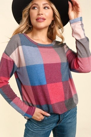 LONG SLEEVE CHECKER PLAID FRENCH TERRY KNIT, Size: Small