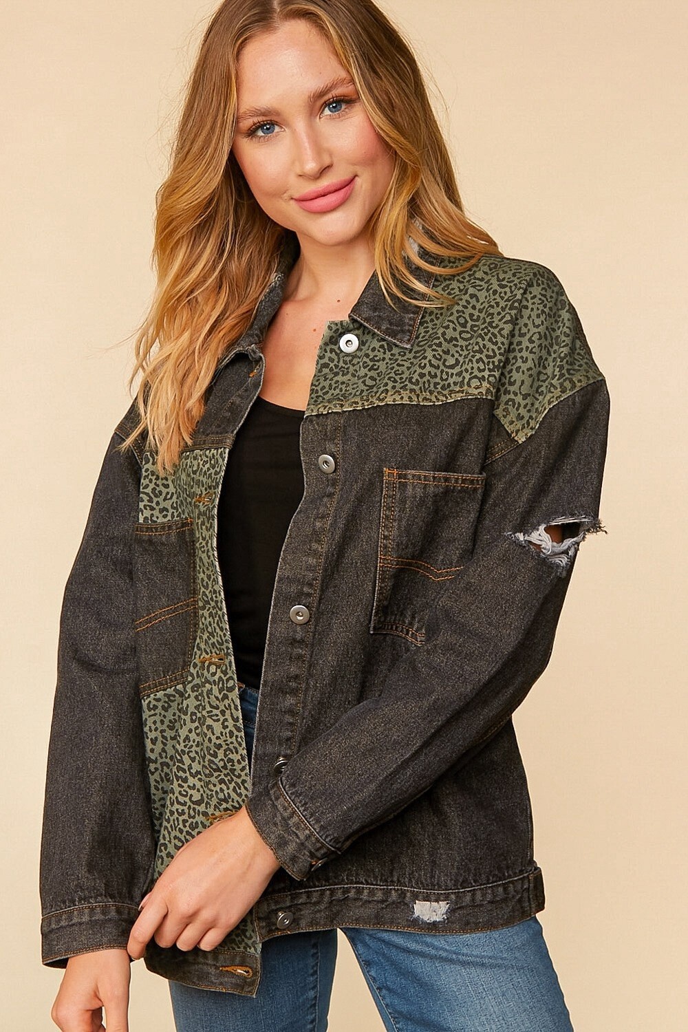 PLUS 	 DISTRESSED LEOPARD PATCHED WASH DENIM JACKET, Size: 1X