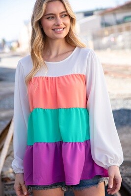ROUND NECK COLOR BLOCK SWING WOVEN BLOUSE
