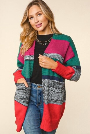 MULTICOLOR SWEATER OPEN CARDIGAN WITH POCKETS, Size: Small