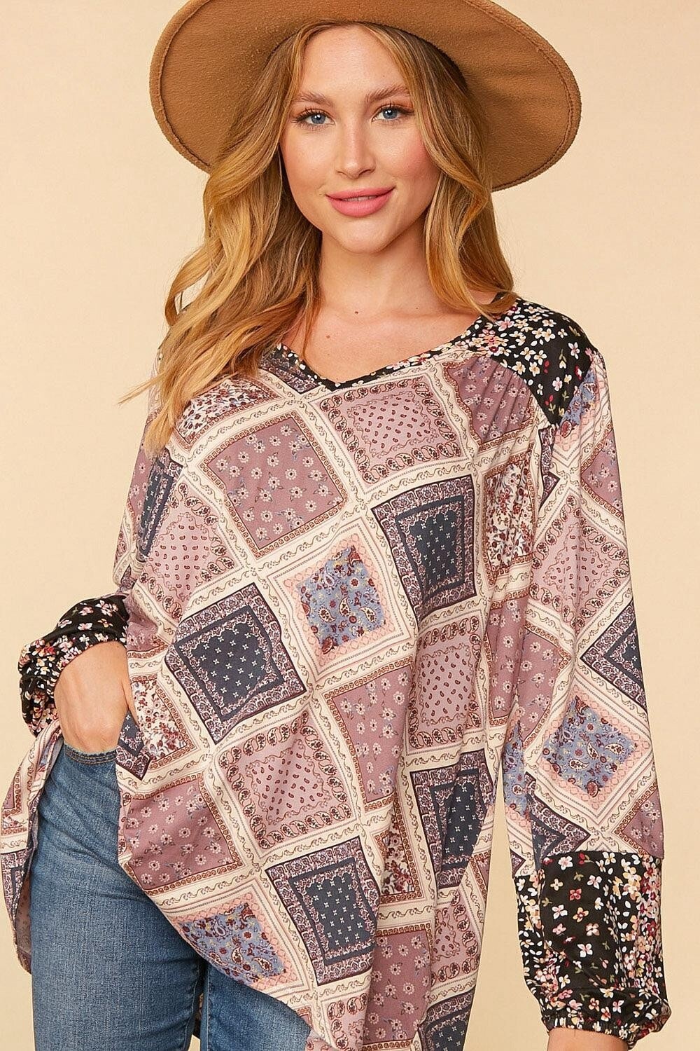 ETHNIC PATCHWORK YOKE FLORAL PRINT KNIT TOP, Size: Small