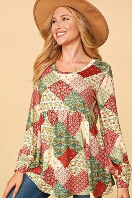 HOLIDAY FLORAL PATCHWORK BABYDOLL KNIT TOP