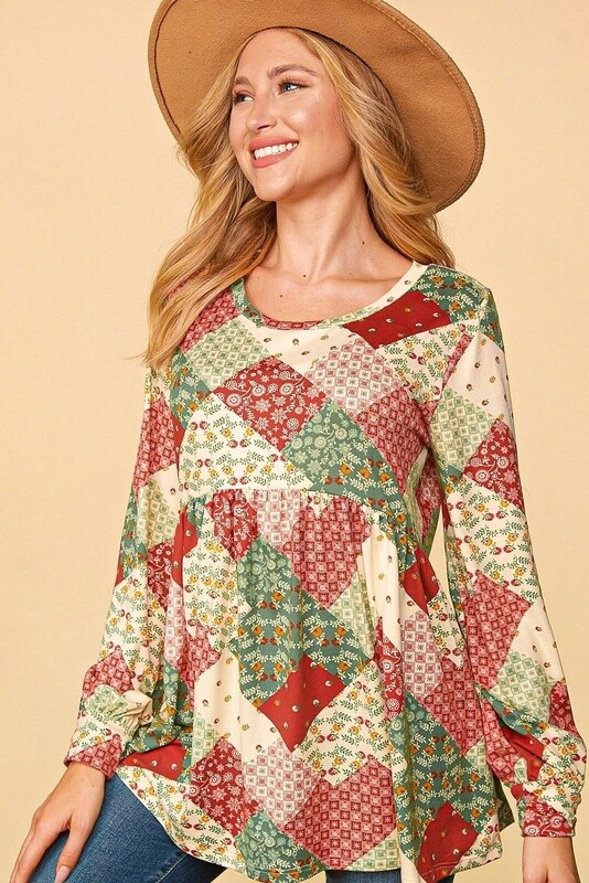HOLIDAY FLORAL PATCHWORK BABYDOLL KNIT TOP
