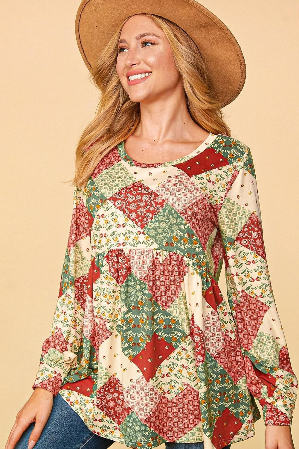 HOLIDAY FLORAL PATCHWORK BABYDOLL KNIT TOP, Size: Small