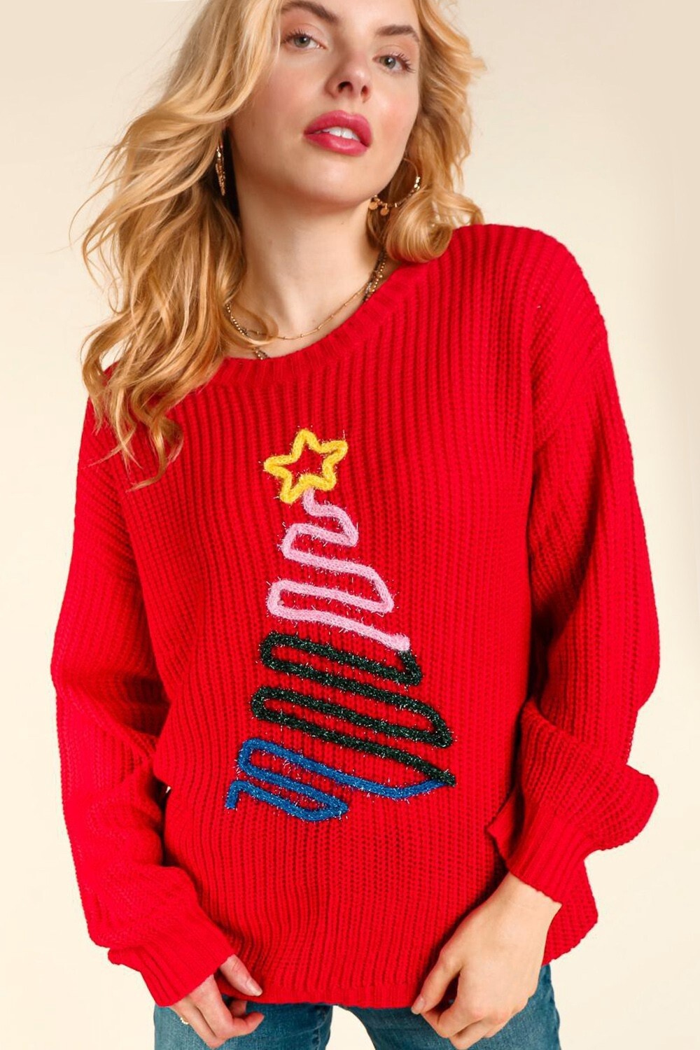CHRISTMAS TREE METALLIC GLITTER PULLOVER TOP, Size: Small