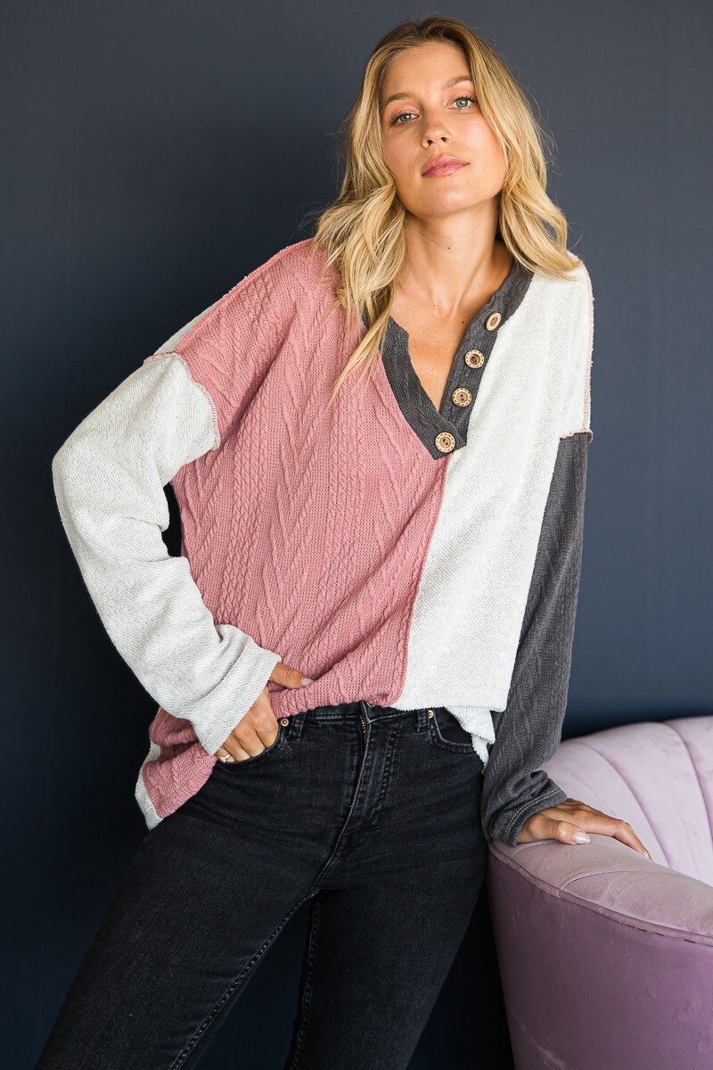 COLOR BLOCK BUTTON DETAILED TOP, Size: Small, Colour: Mauve