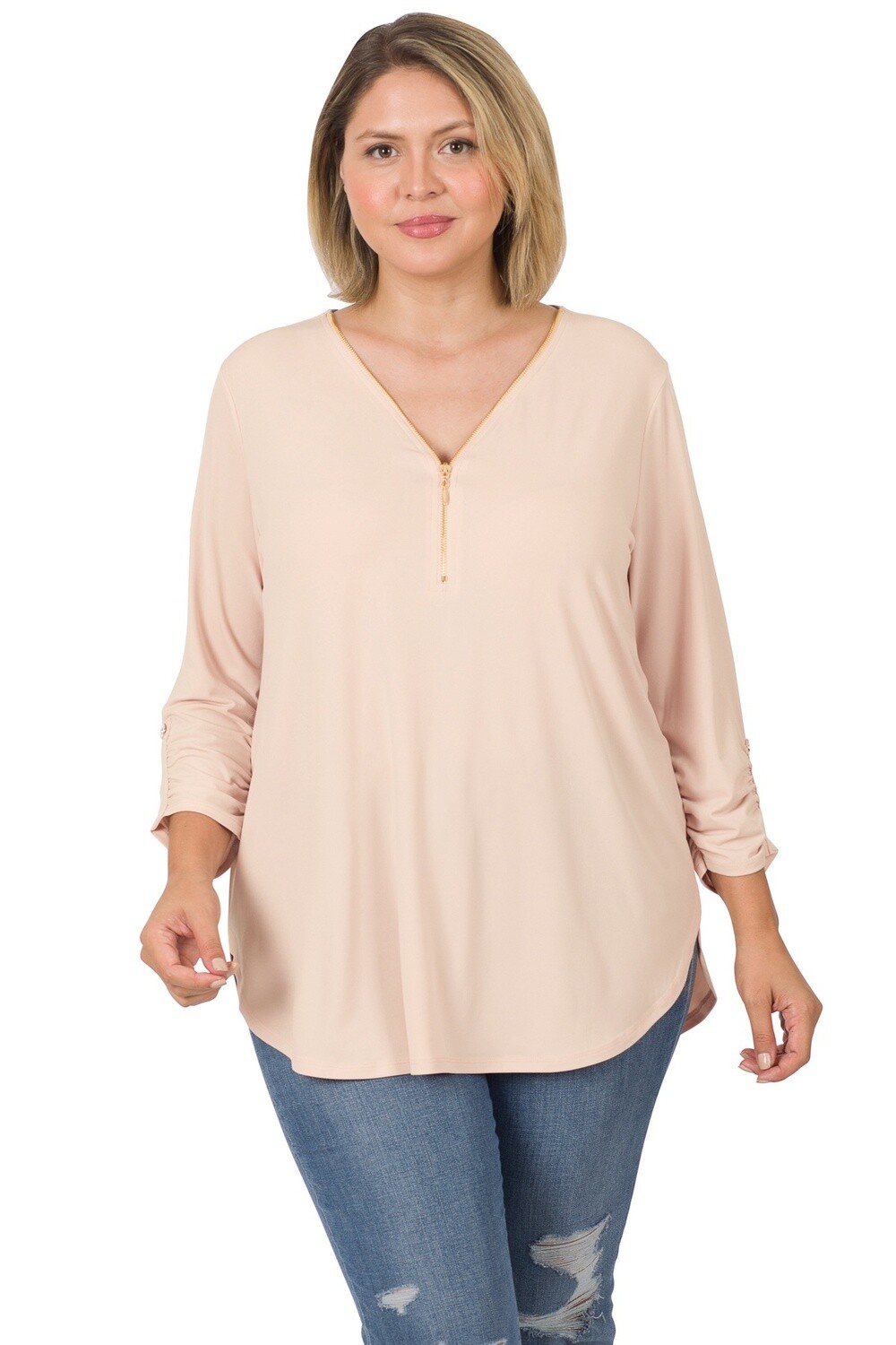 PLUS ITY FRONT ZIP-UP 3/4 SLEEVE TOP, Size: 1X, Colour: Dusty Blush