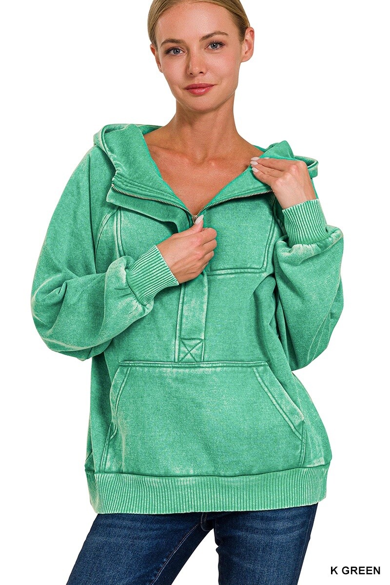 ACID WASH FLEECE OVERSIZED 1/4 ZIP KANGAROO HOODIE, Size: Small, Colour: K Green