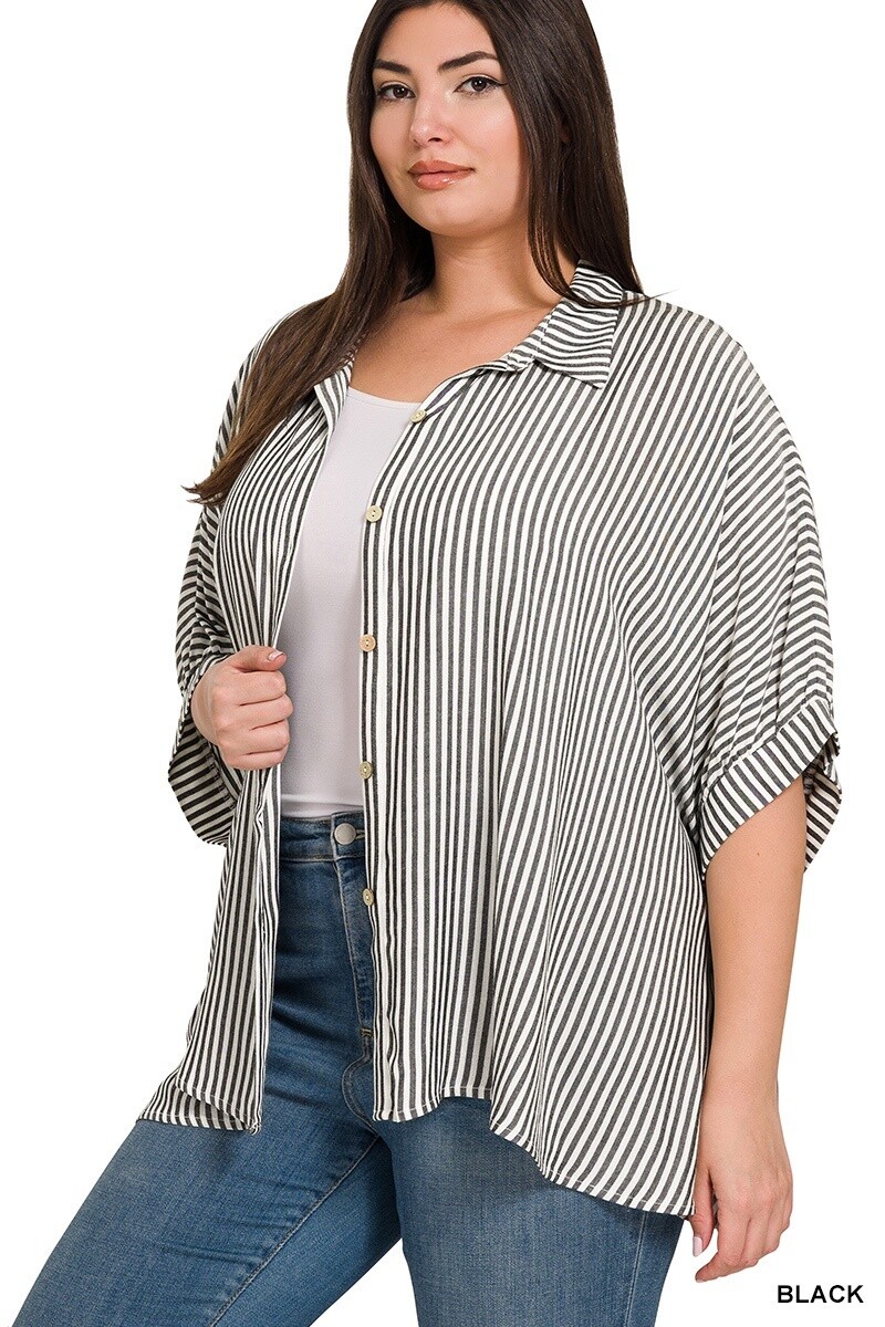 PLUS RAYON STRIPED SHORT SLEEVE BUTTON UP SHIRT, Size: 1X/2X, Colour: Black